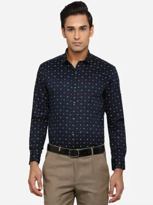 Navy Blue Printed Slim Fit Party Wear Shirt | Greenfibre