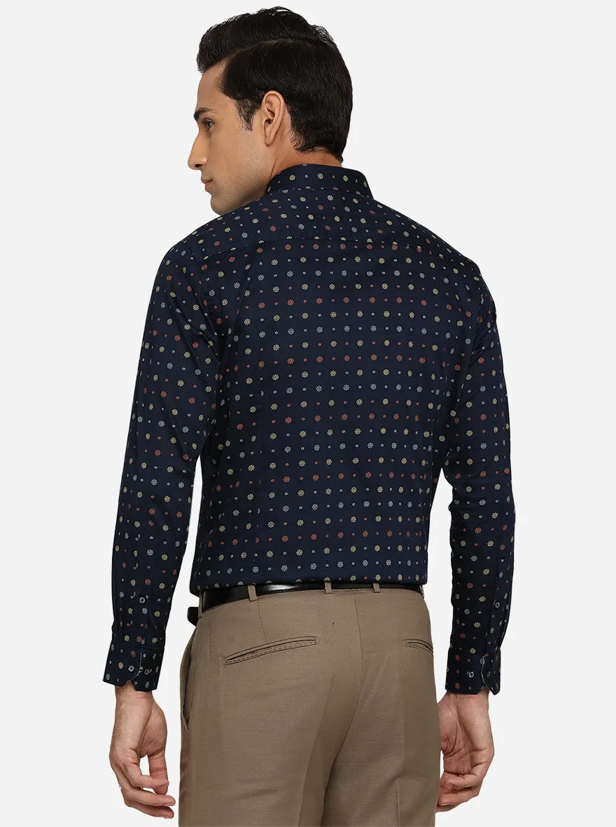 Navy Blue Printed Slim Fit Party Wear Shirt | Greenfibre