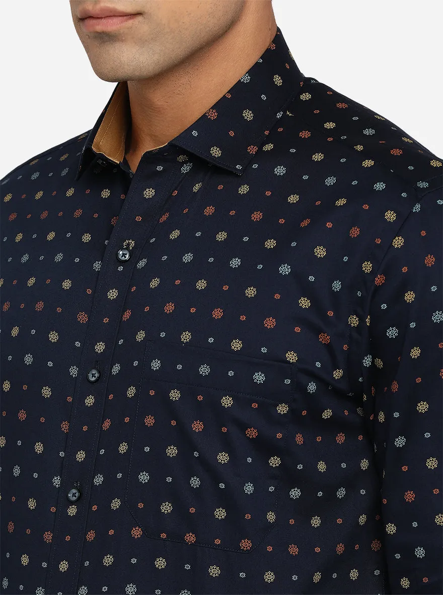 Navy Blue Printed Slim Fit Party Wear Shirt | Greenfibre