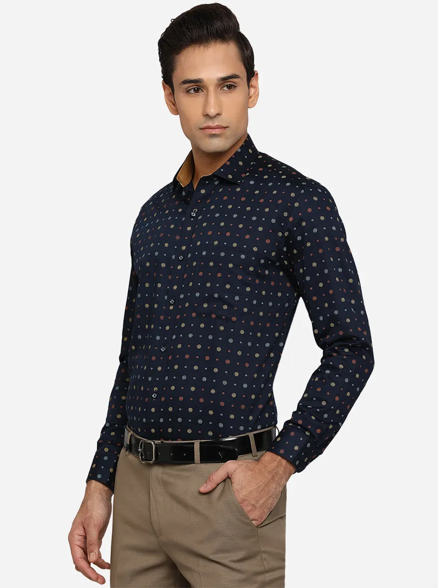 Navy Blue Printed Slim Fit Party Wear Shirt | Greenfibre