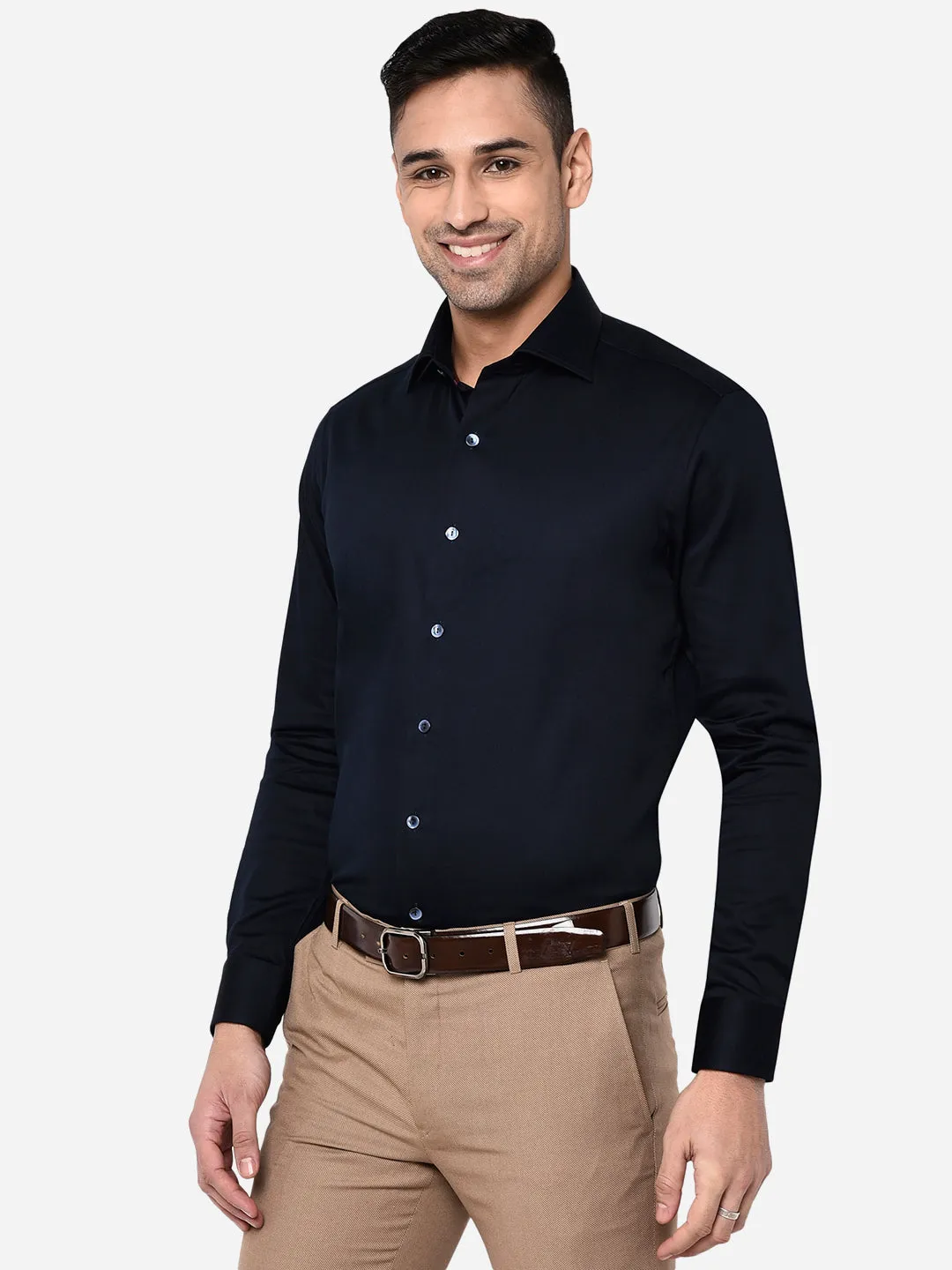 Navy Blue Solid Slim Fit Party Wear Shirt | Wyre