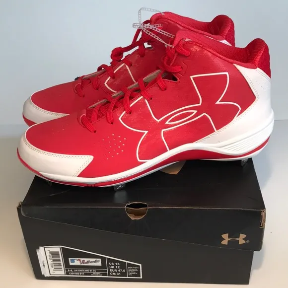 NIB Under Armour UA Ignite Mid ST CC Metal Baseball Cleats Red &amp; White Size 13