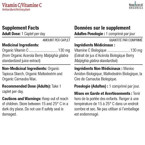 Nova Scotia Organics Vitamina C – USDA orgánico, sin non-gmo, Sintético, (30 caplets)
