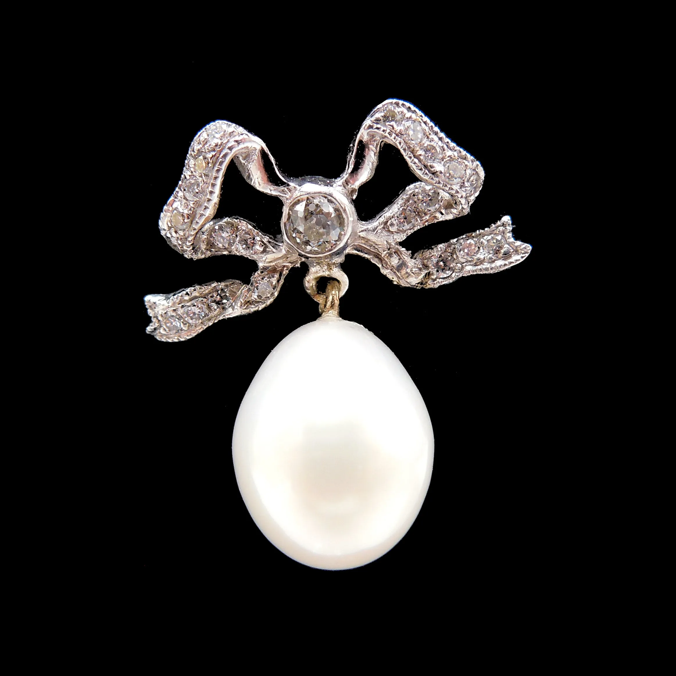 Old European Cut Diamond and Pearl Bow Earrings in Platinum