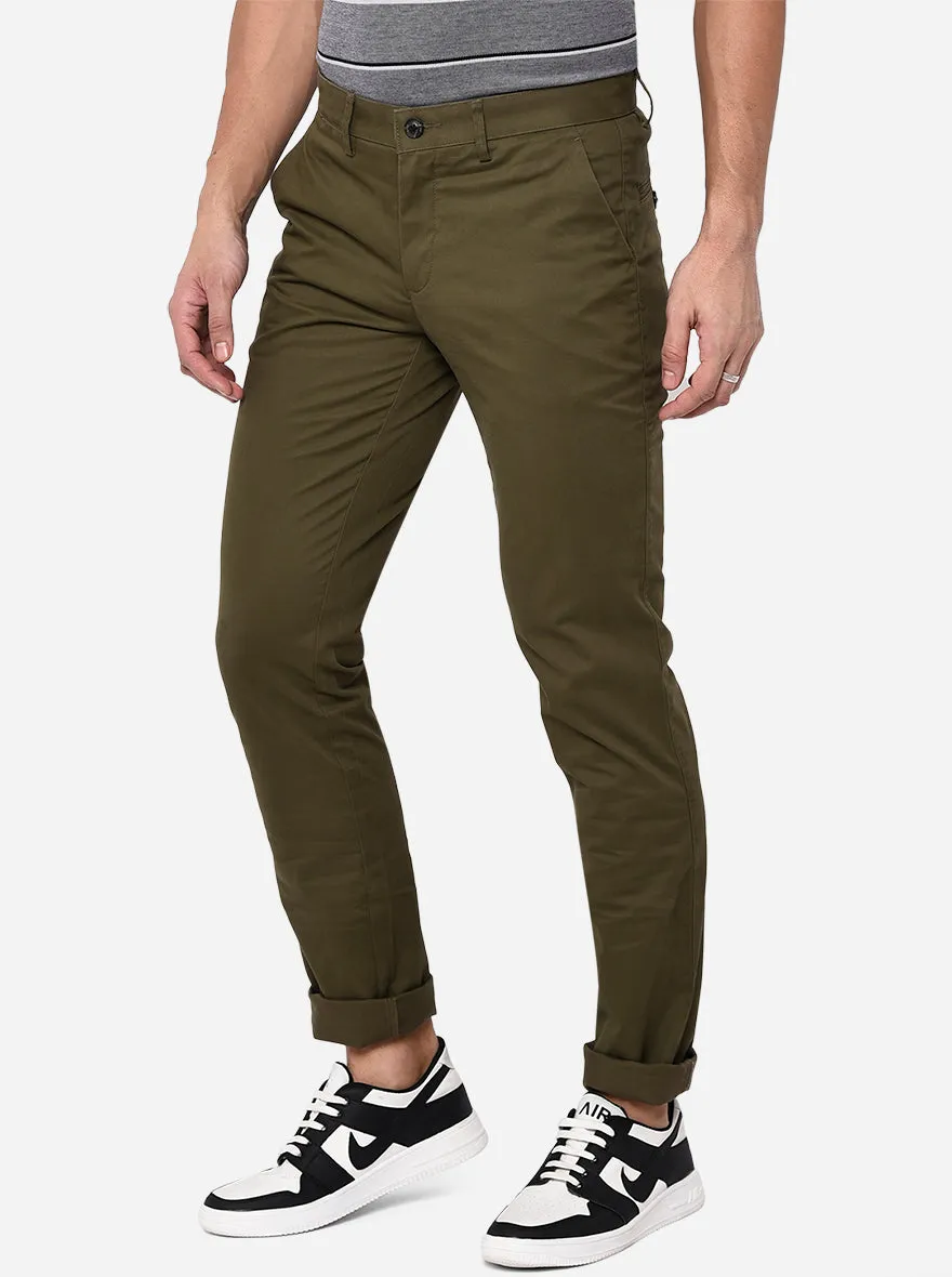Olive Green Solid Uno Fit Casual Trouser | JadeBlue