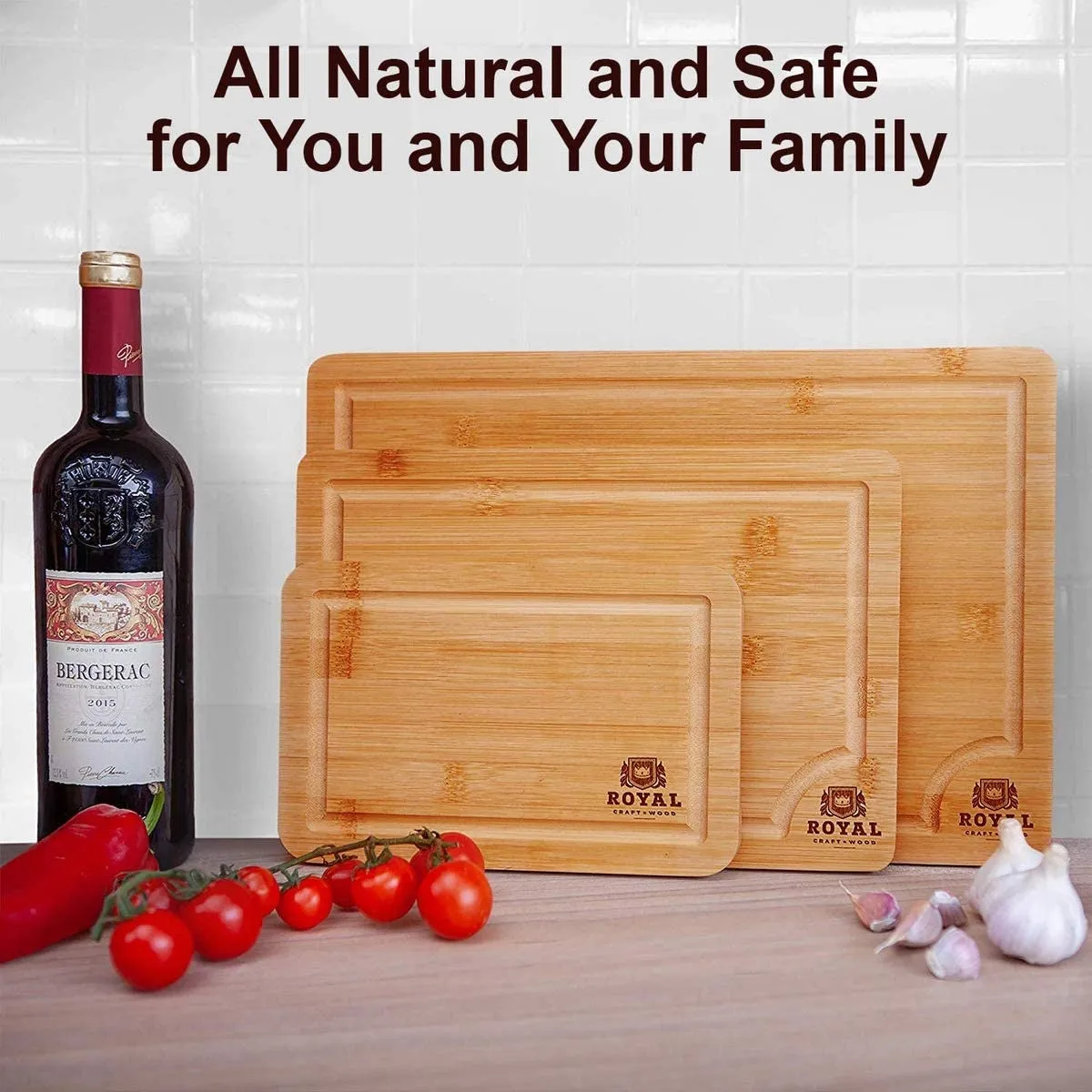Organic Bamboo Cutting Board w/Juice Groove (3-Pieces) Chopping Board for Meat Cheese Vegetables