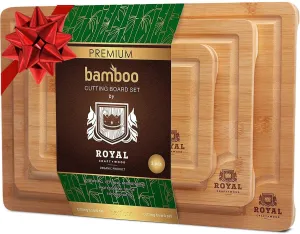 Organic Bamboo Cutting Board w/Juice Groove (3-Pieces) Chopping Board for Meat Cheese Vegetables