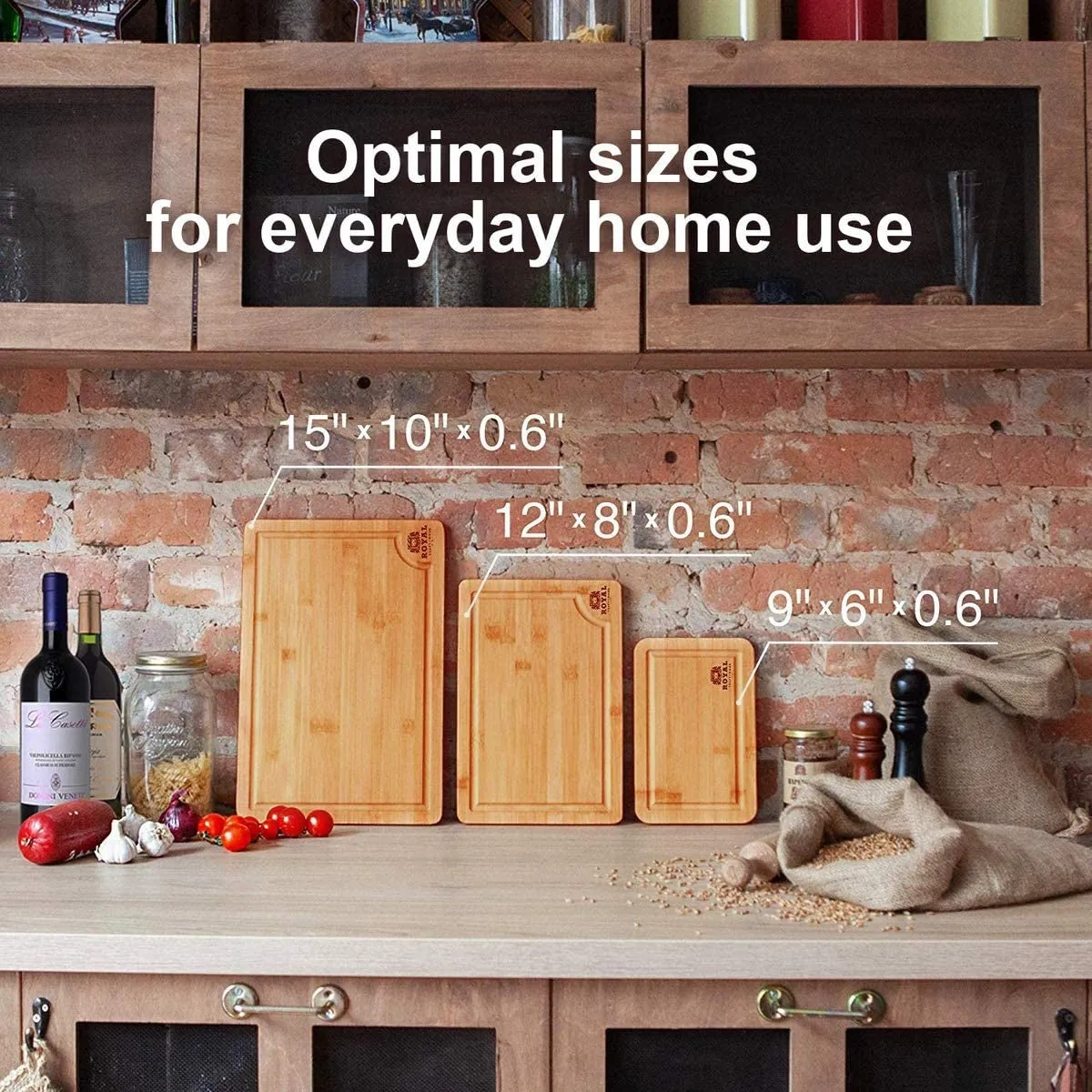 Organic Bamboo Cutting Board w/Juice Groove (3-Pieces) Chopping Board for Meat Cheese Vegetables