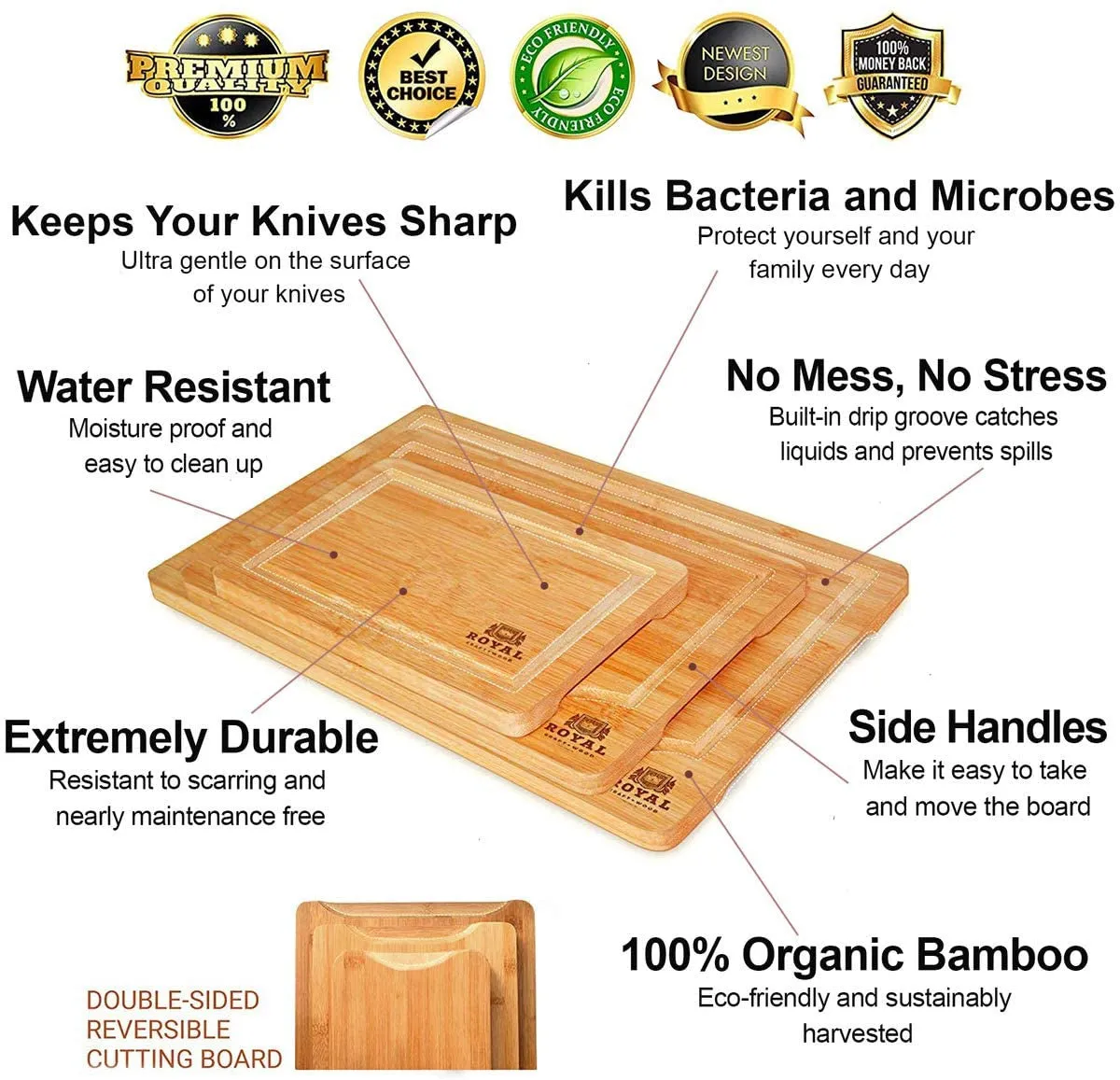 Organic Bamboo Cutting Board w/Juice Groove (3-Pieces) Chopping Board for Meat Cheese Vegetables