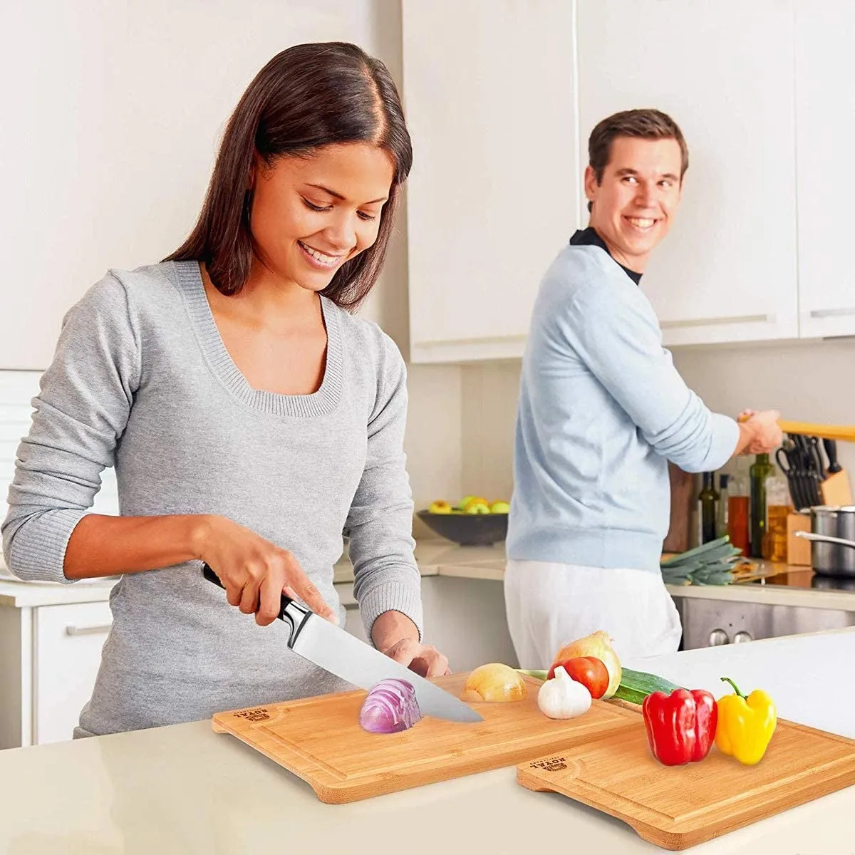 Organic Bamboo Cutting Board w/Juice Groove (3-Pieces) Chopping Board for Meat Cheese Vegetables