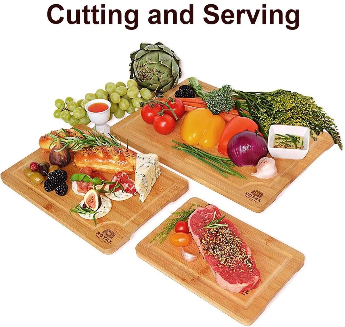 Organic Bamboo Cutting Board w/Juice Groove (3-Pieces) Chopping Board for Meat Cheese Vegetables