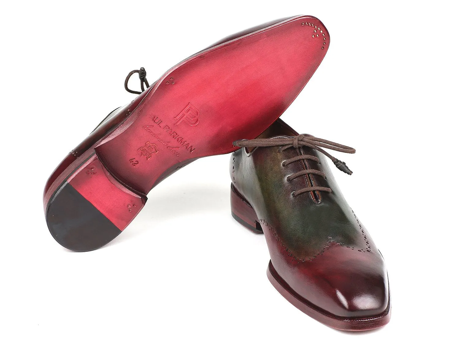 Paul Parkman Men's Wingtip Leather Oxfords in Bordeaux & Green