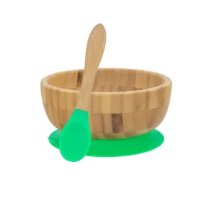 Personalised Wooden Tiny Dining Bamboo Bowl with suction cup and Spoon - Green - By Babba Box