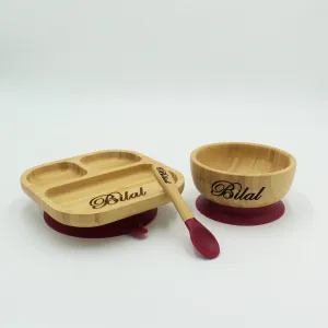 Personalised Wooden Tiny Dining Bamboo Plate, Bowl, and Spoon Set - Majenta Red