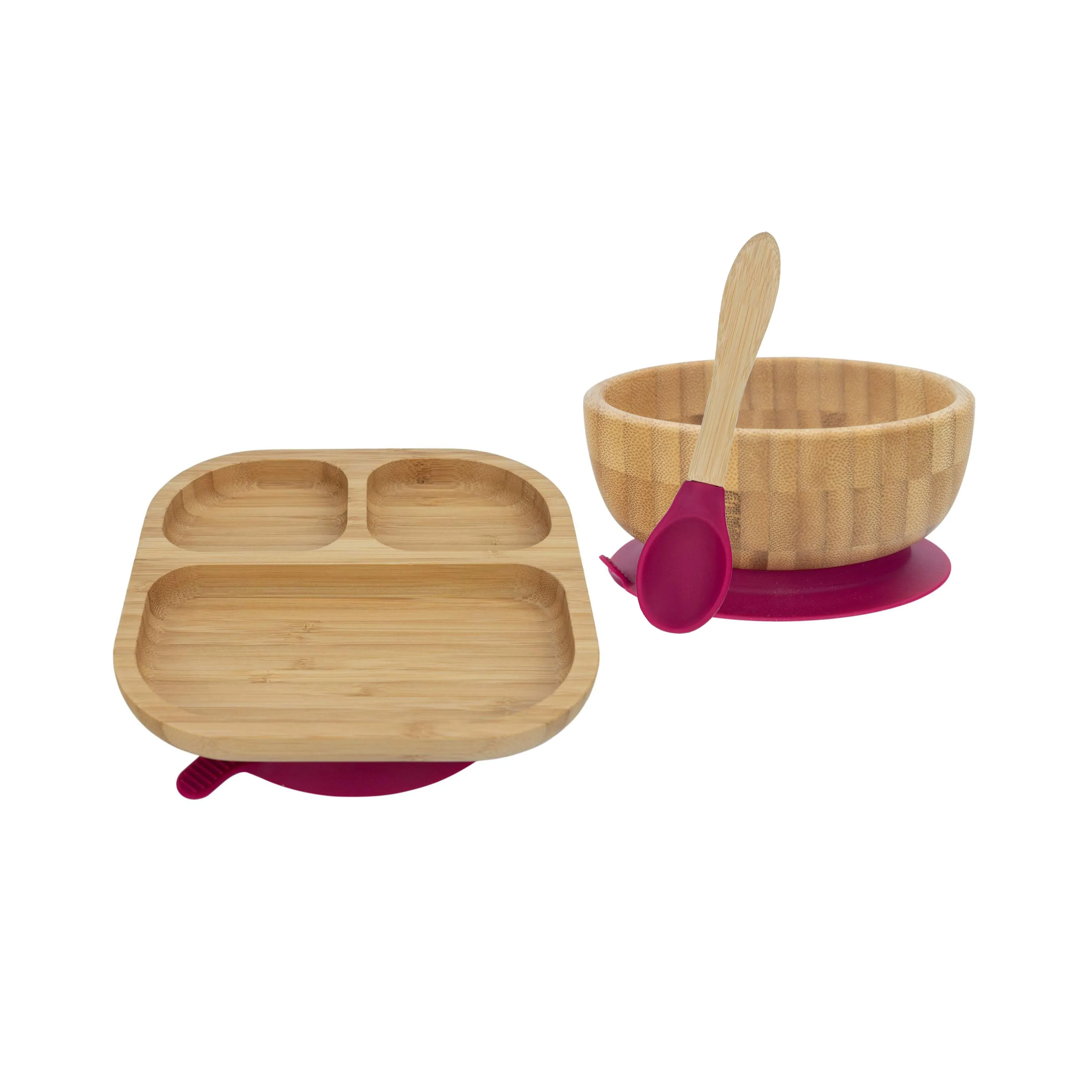 Personalised Wooden Tiny Dining Bamboo Plate, Bowl, and Spoon Set - Majenta Red