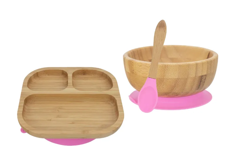 Personalised Wooden Tiny Dining Bamboo Plate, Bowl, and Spoon Set - Pink