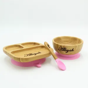 Personalised Wooden Tiny Dining Bamboo Plate, Bowl, and Spoon Set - Pink