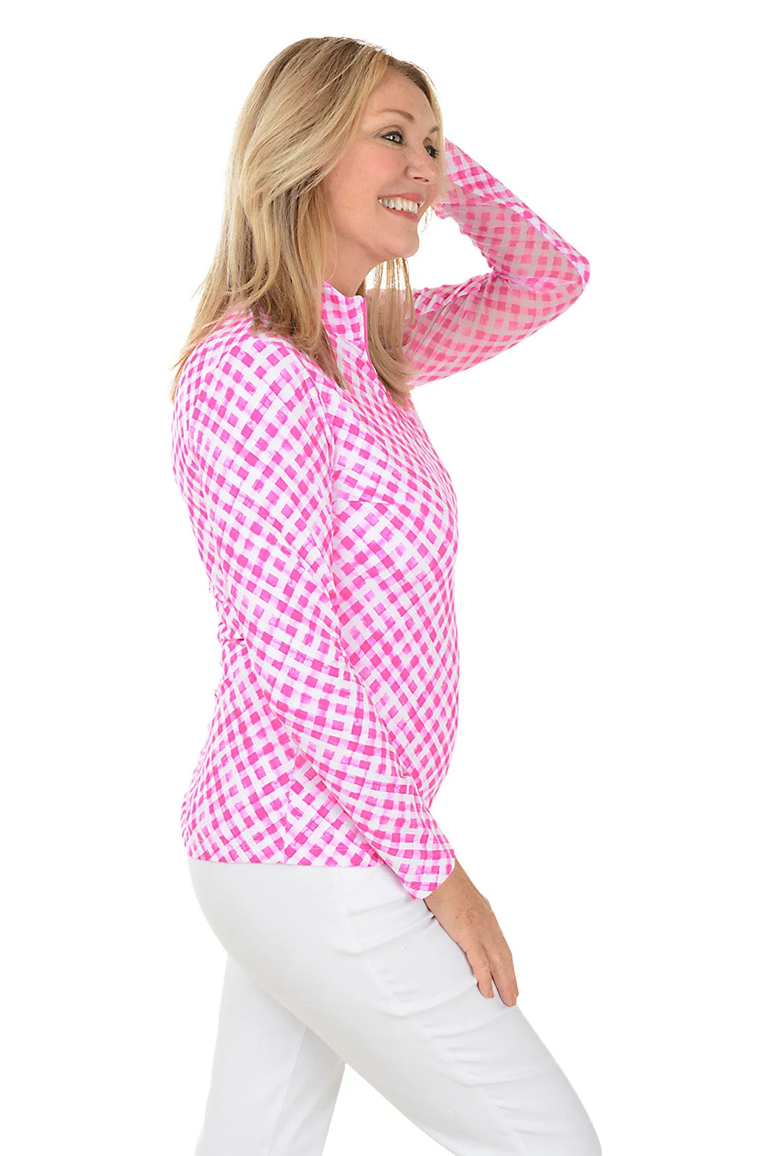 Pink Gingham Check UPF50  Sun Shirt