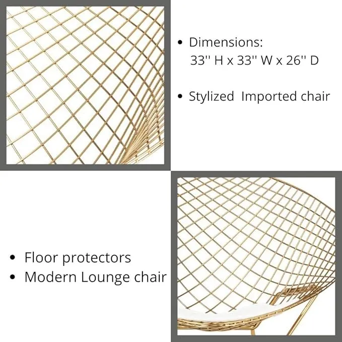 Retails $295 New Assembled Li Metal Accent Chair, Diamond Lounge Chair, White Seat Pad NOT Included, Modern Chair in Gold!