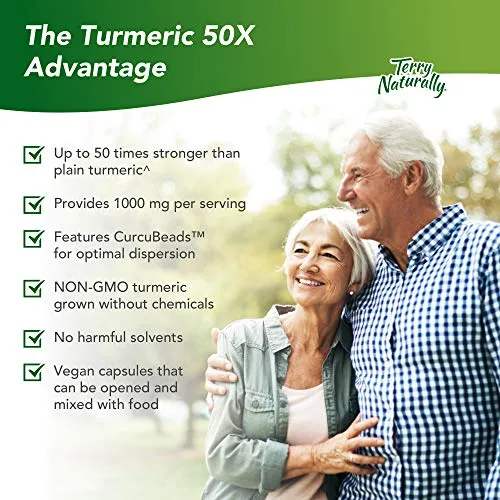 Terry Naturally Turmeric 50X - 60 Capsules - High Potency Curcumin - Supports Healthy Inflammation Response   Liver, Brain, Heart, Immune Health - Lowers Risk of Oxidative Stress - 30 Servings