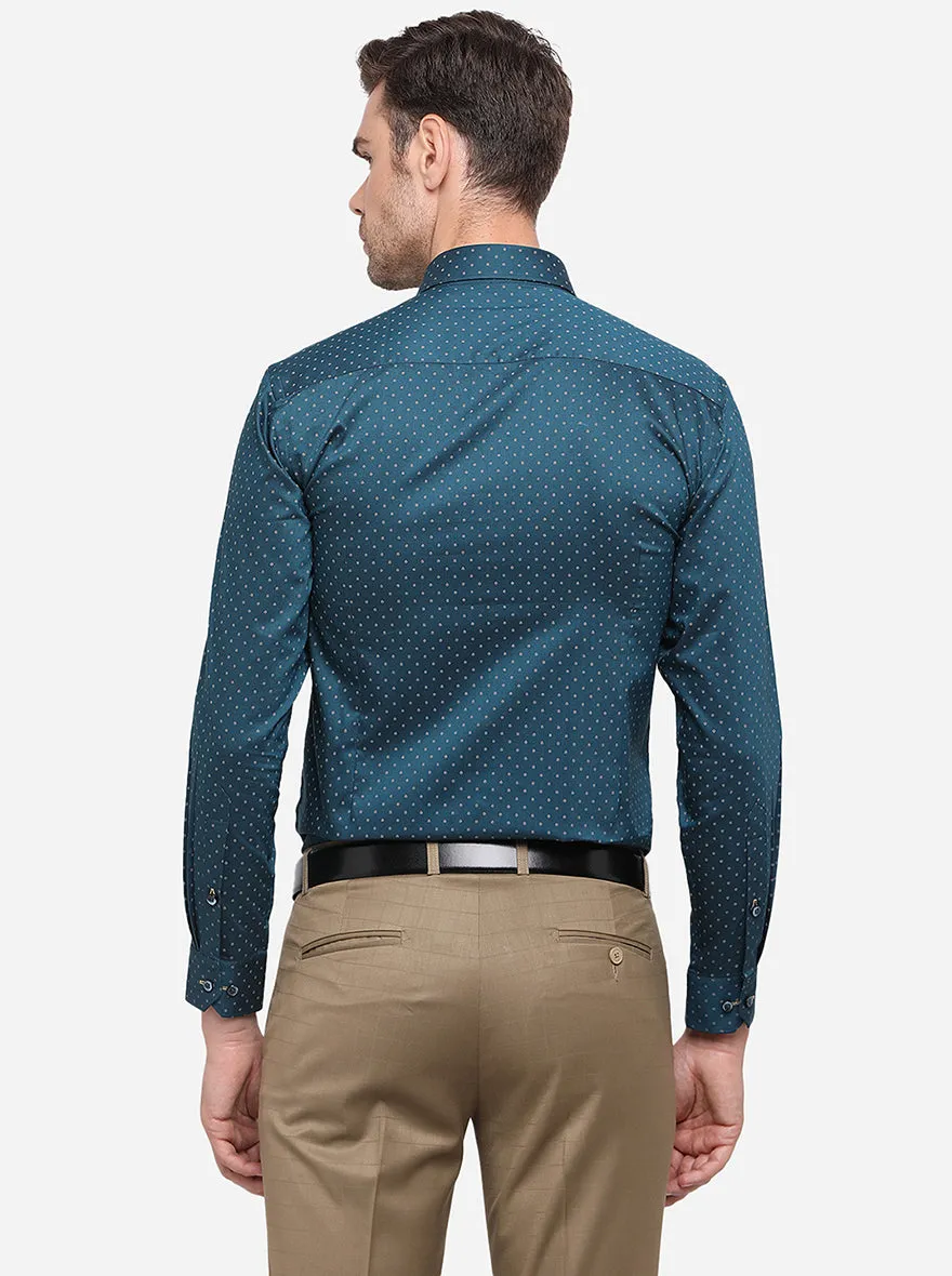 Turquoise Blue Printed Slim Fit Formal Shirt | Greenfibre