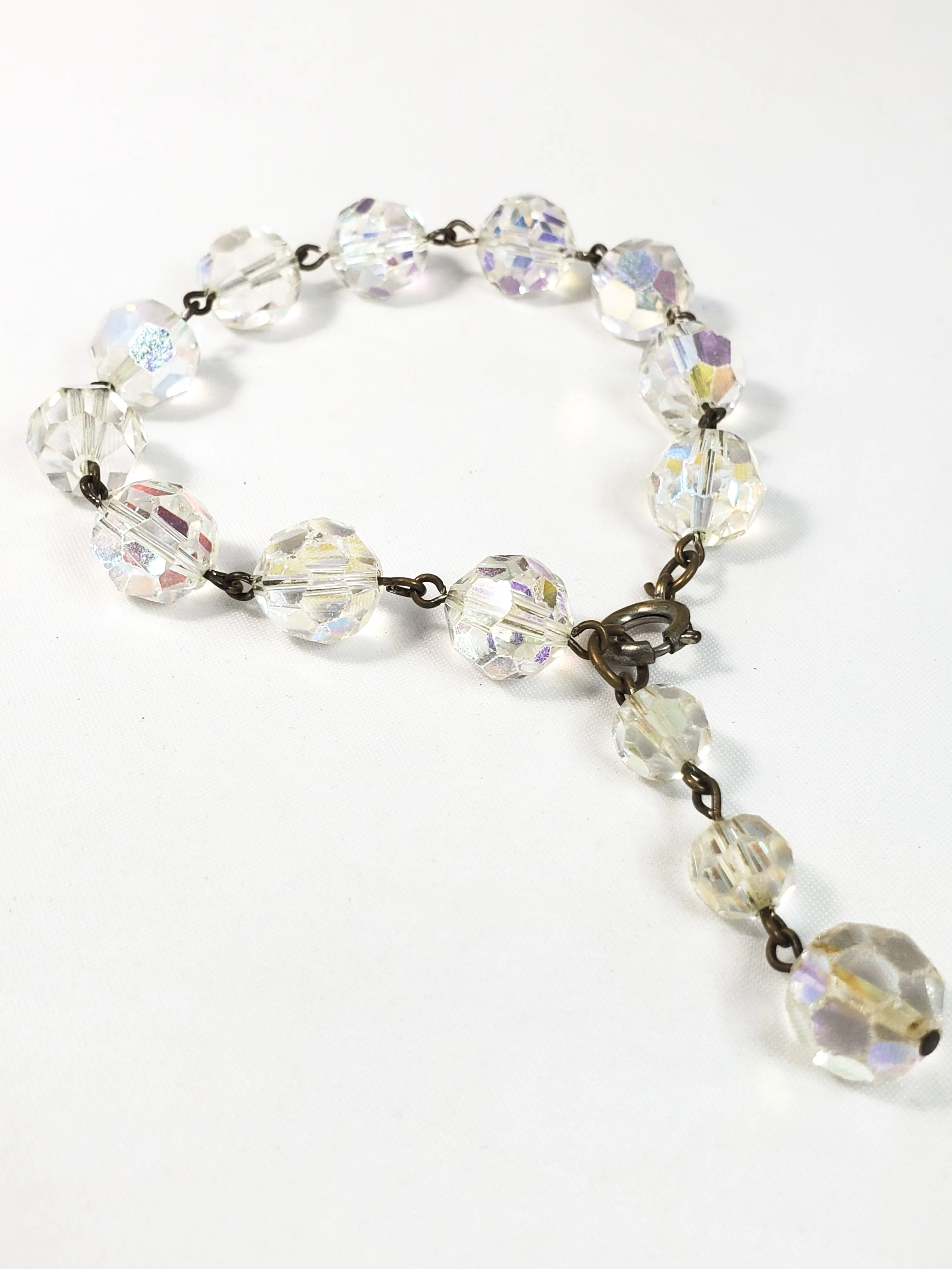 Vintage Aurora Borealis faceted Austrian crystal beaded link bracelet 8 inches mid century