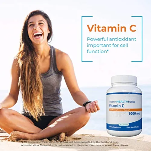 Vitamin Health Basics Vitamin Health Basics, Vitamina C de alta potencia soporte inmune, ingesta diaria única, 90 cápsulas, 90 unidades