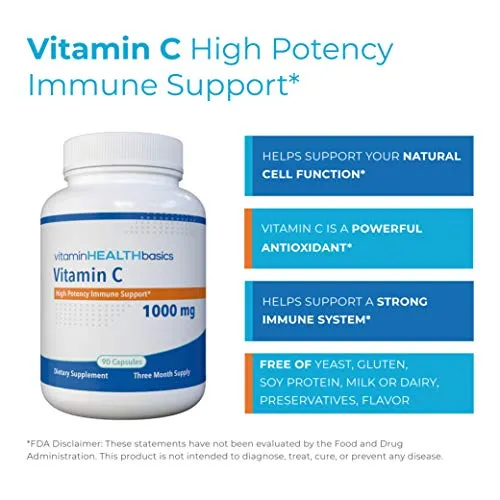 Vitamin Health Basics Vitamin Health Basics, Vitamina C de alta potencia soporte inmune, ingesta diaria única, 90 cápsulas, 90 unidades
