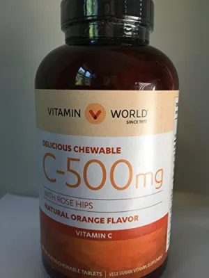 Vitamina mundo Vitamina C 500 mg con Rose Hips Sabor Natural de naranja, 250 Tablets