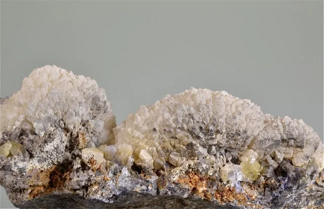 Witherite on Fluorite with Alstonite, Bethel Level, S. E. Oxford #11 Mine attr., Ozark-Mahoning Company attr., Cave-in-Rock District, Southern Illinois, Mined c. 1950's - 1960's, Large Cabinet 4.5 cm x 10.5 cm x 15.0 cm, $350.  Online 8/15.