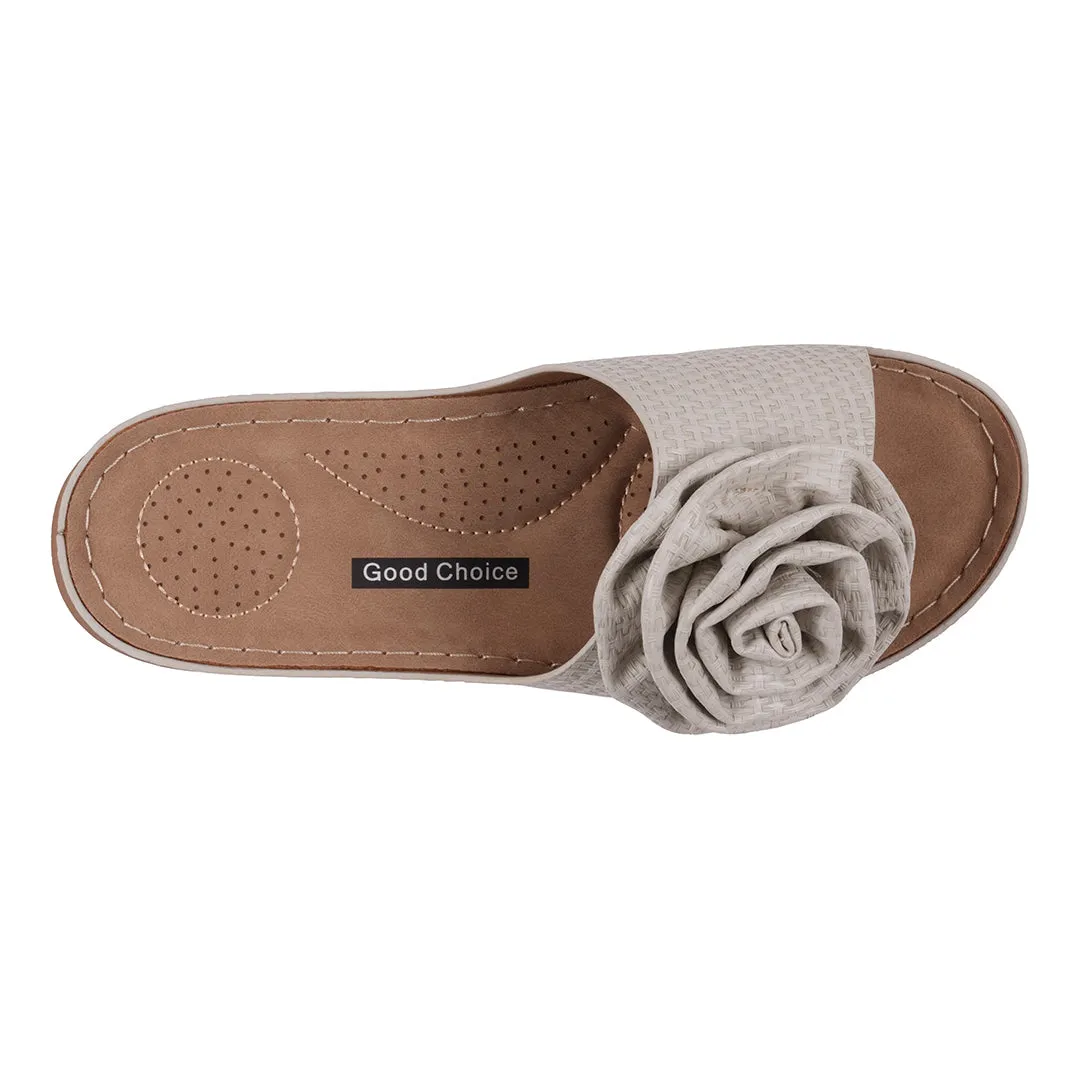 Women's Honey Grey Flower Rosette Flat Comfort Sandals